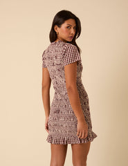 Brown Gingham Shirred Martha Mini Dress