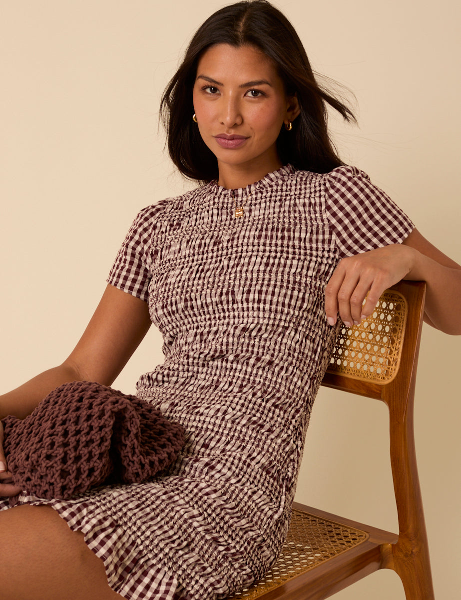 Brown Gingham Shirred Martha Mini Dress