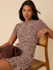 Brown Gingham Shirred Martha Mini Dress