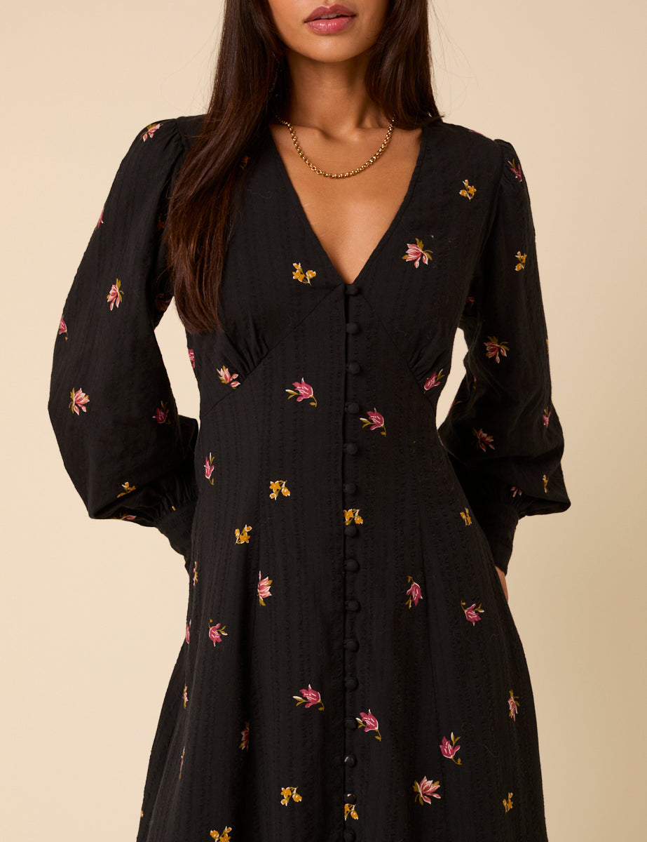Black Floral Embroidered Shannon Midi Dress