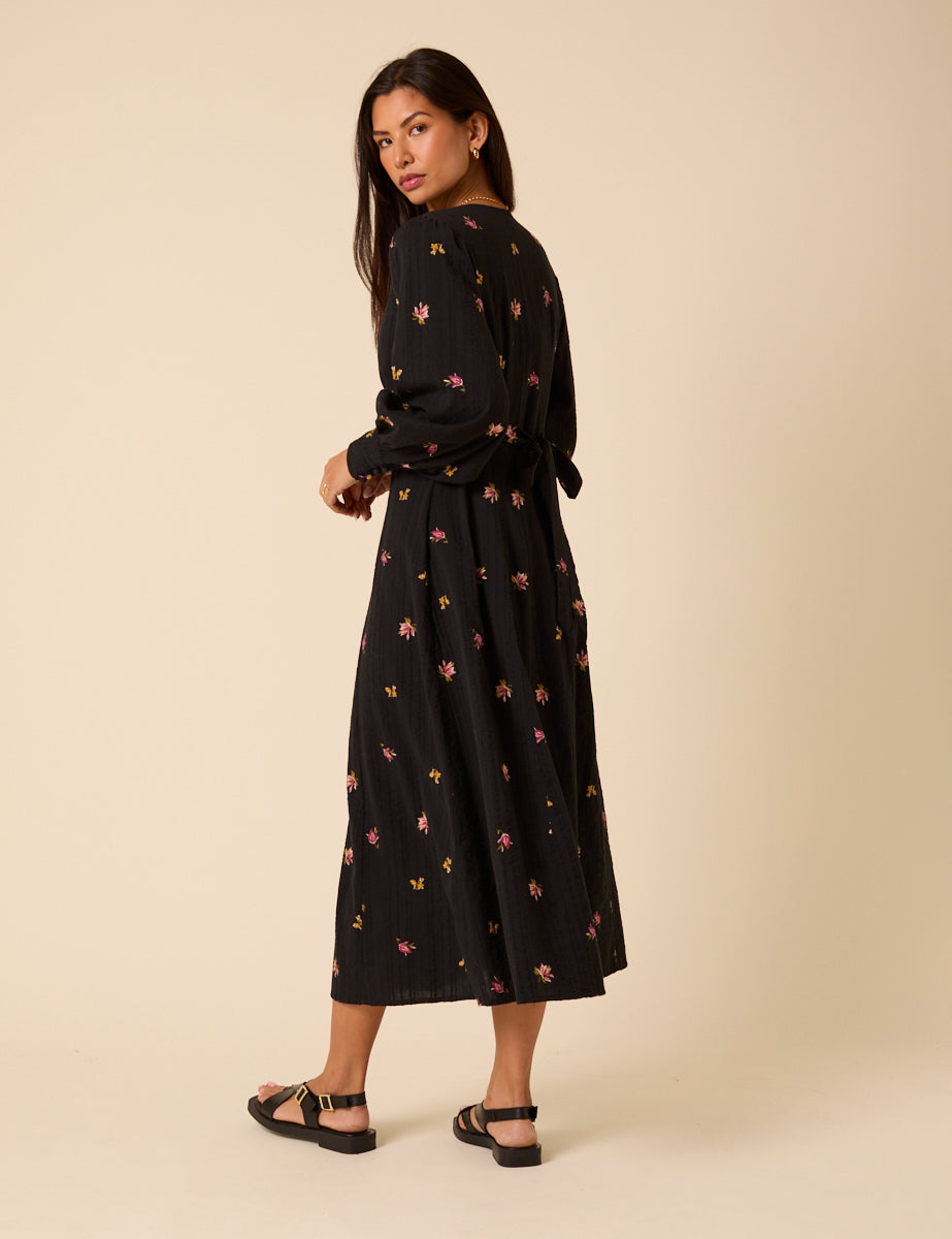 Black Floral Embroidered Shannon Midi Dress