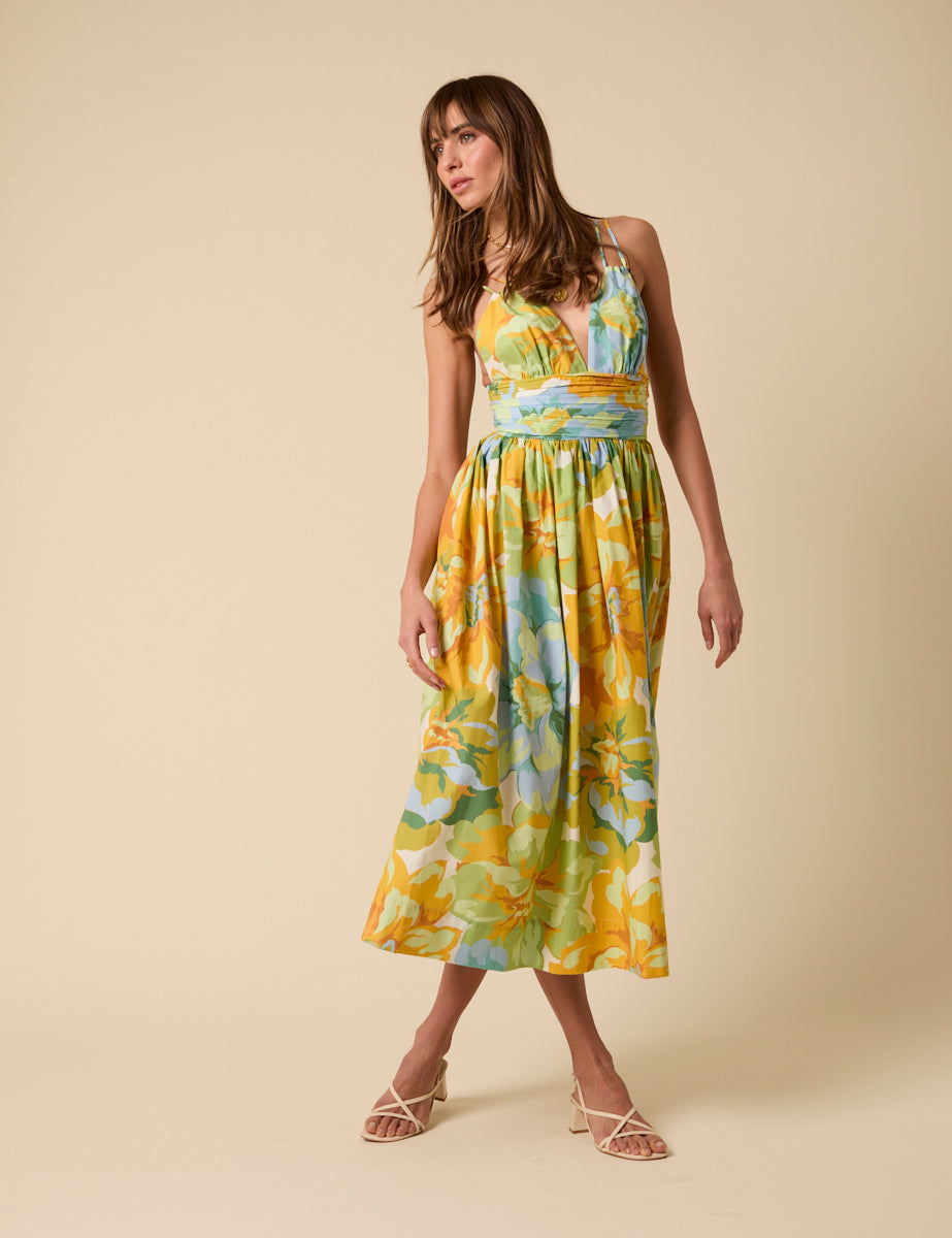 Yellow And Blue Floral Dua Midi Dress