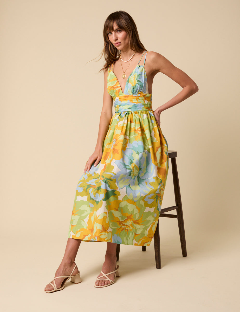 Yellow And Blue Floral Dua Midi Dress