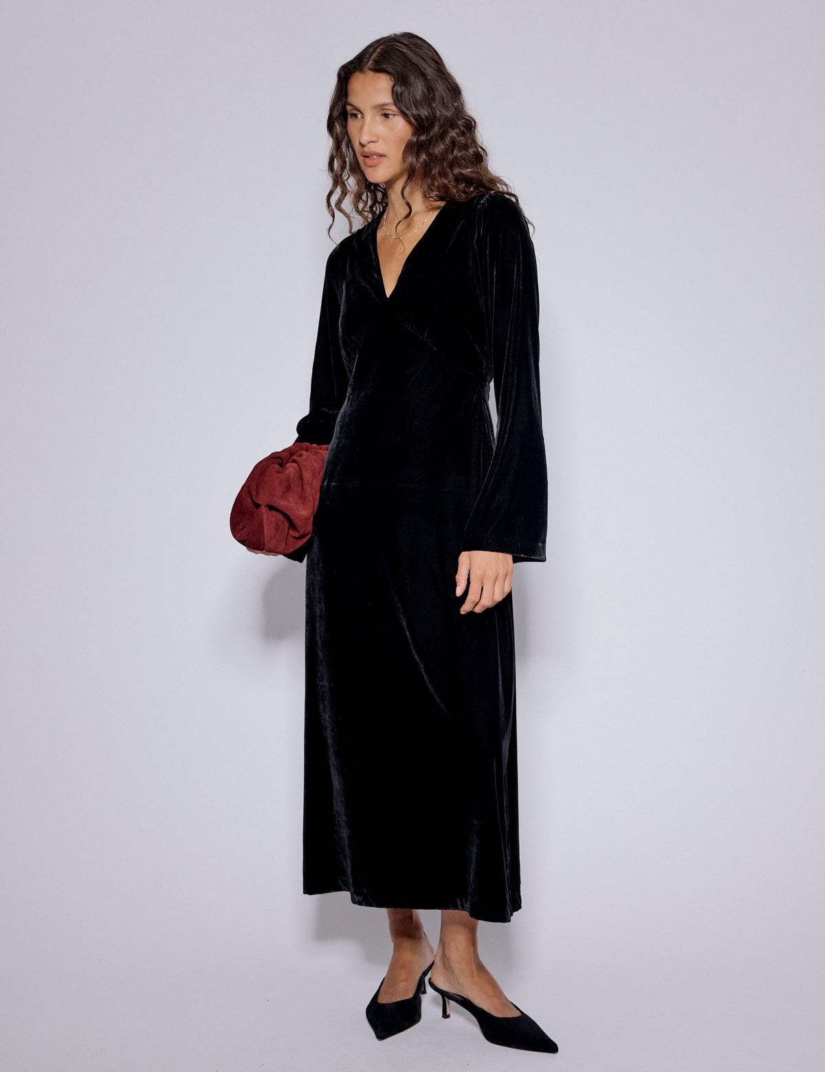 Black Velvet Long Sleeve Josie Midi Dress