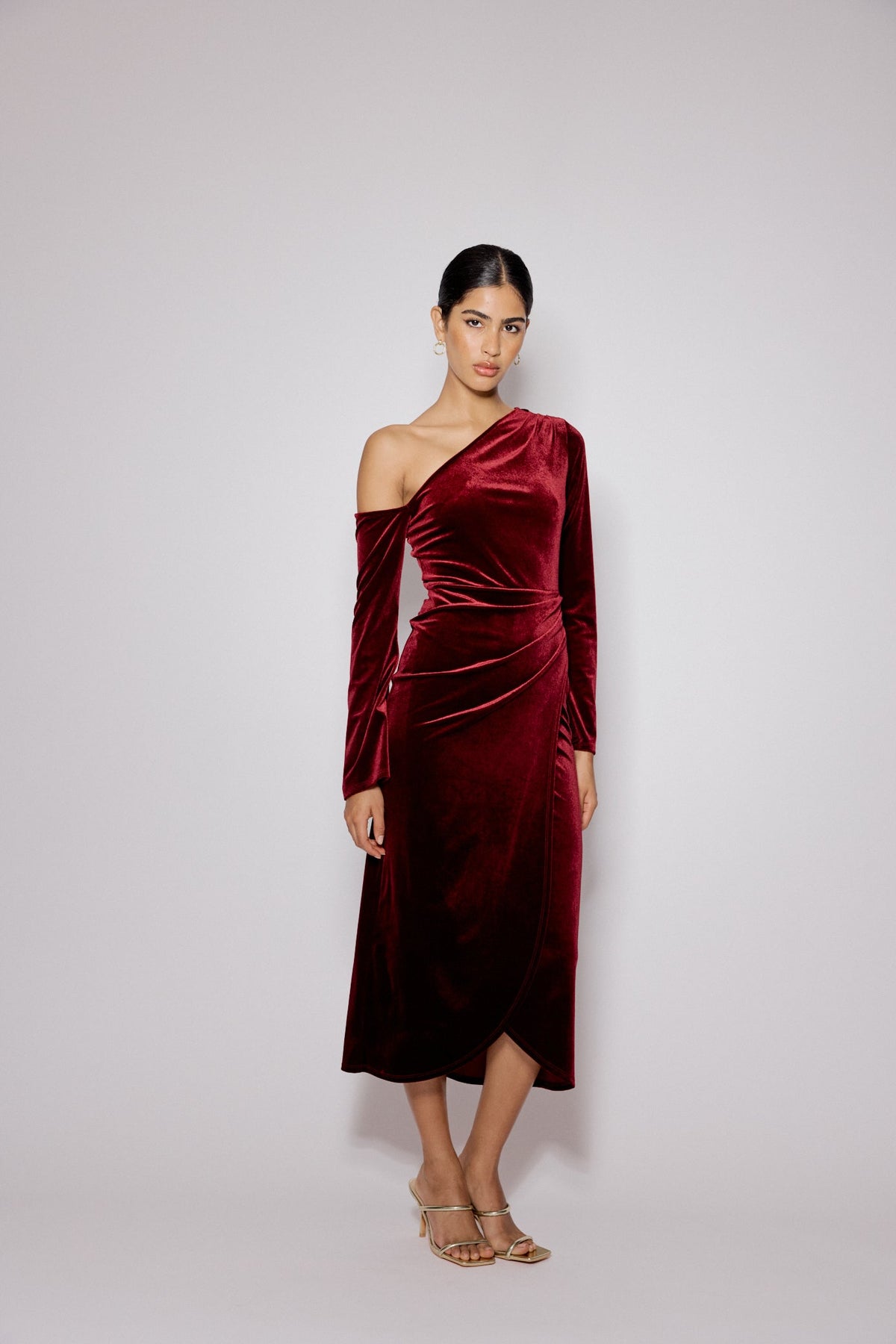 Red Velvet Asymmetric Virgo Midi Dress