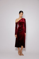 Red Velvet Asymmetric Virgo Midi Dress
