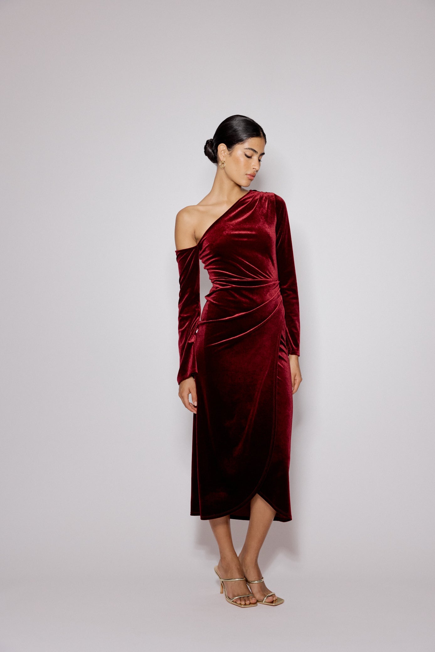 Red Velvet Asymmetric Virgo Midi Dress