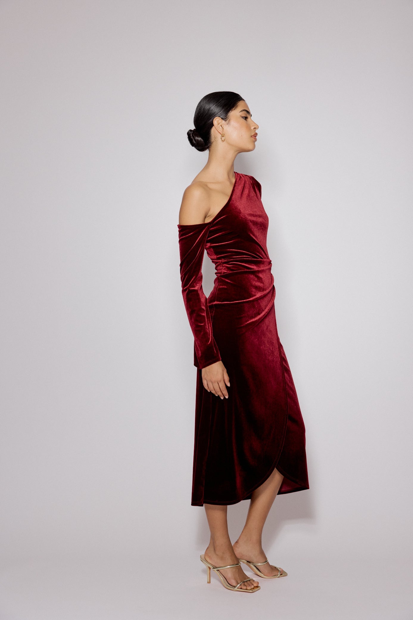 Red Velvet Asymmetric Virgo Midi Dress