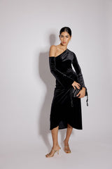 Black Velvet Asymmetric Virgo Midi Dress