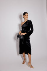 Black Velvet Asymmetric Virgo Midi Dress
