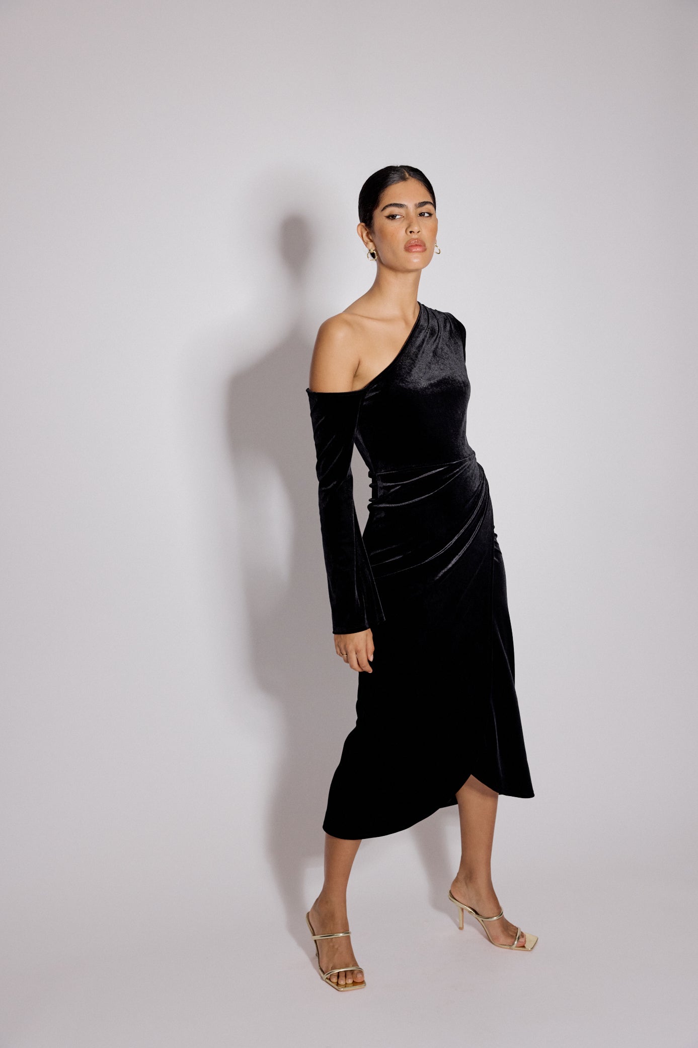 Black Velvet Asymmetric Virgo Midi Dress