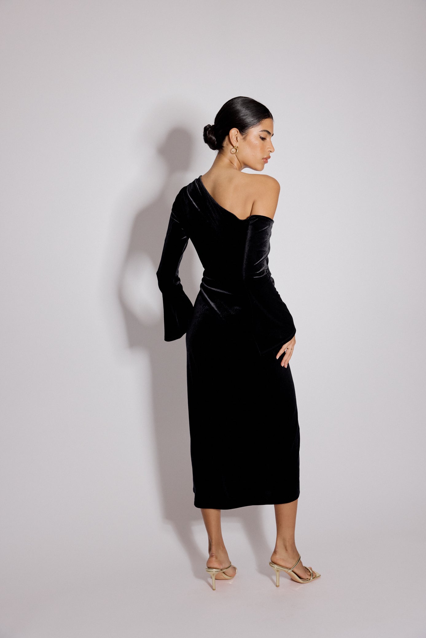 Black Velvet Asymmetric Virgo Midi Dress