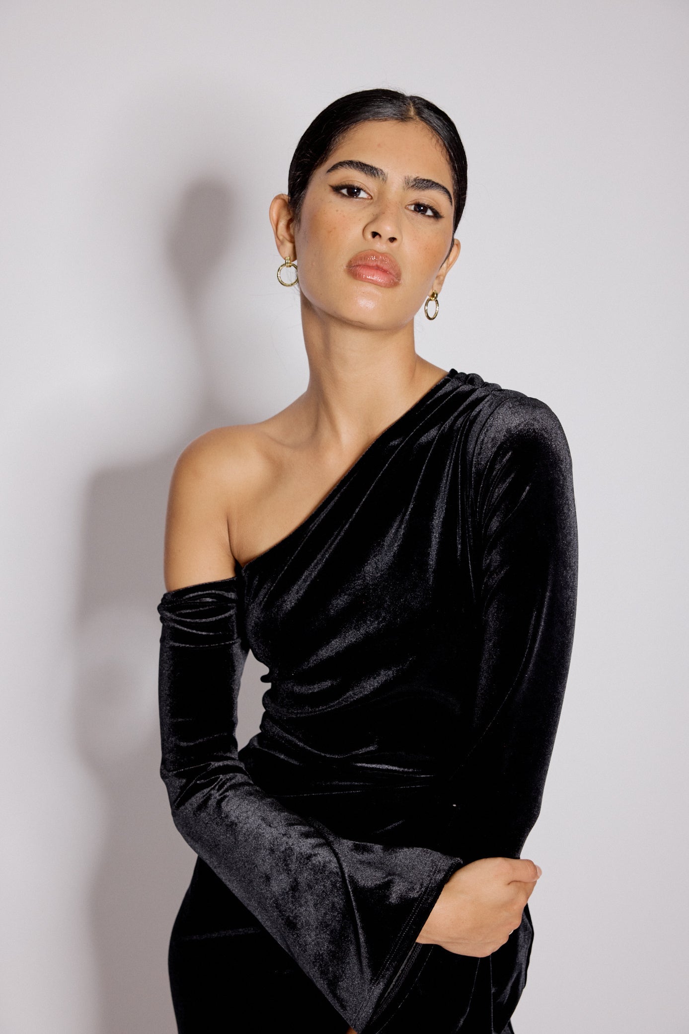Black Velvet Asymmetric Virgo Midi Dress