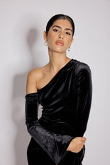 Black Velvet Asymmetric Virgo Midi Dress