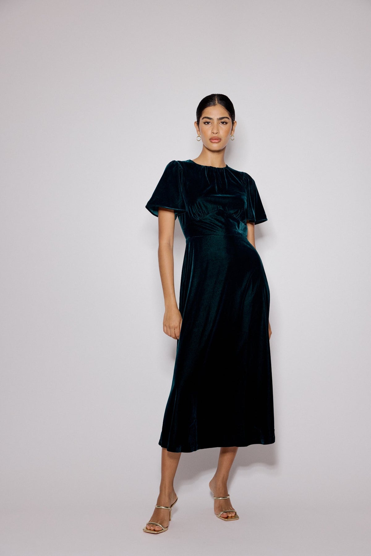 Dark Green Velvet A-Line Allegra Midi Dress