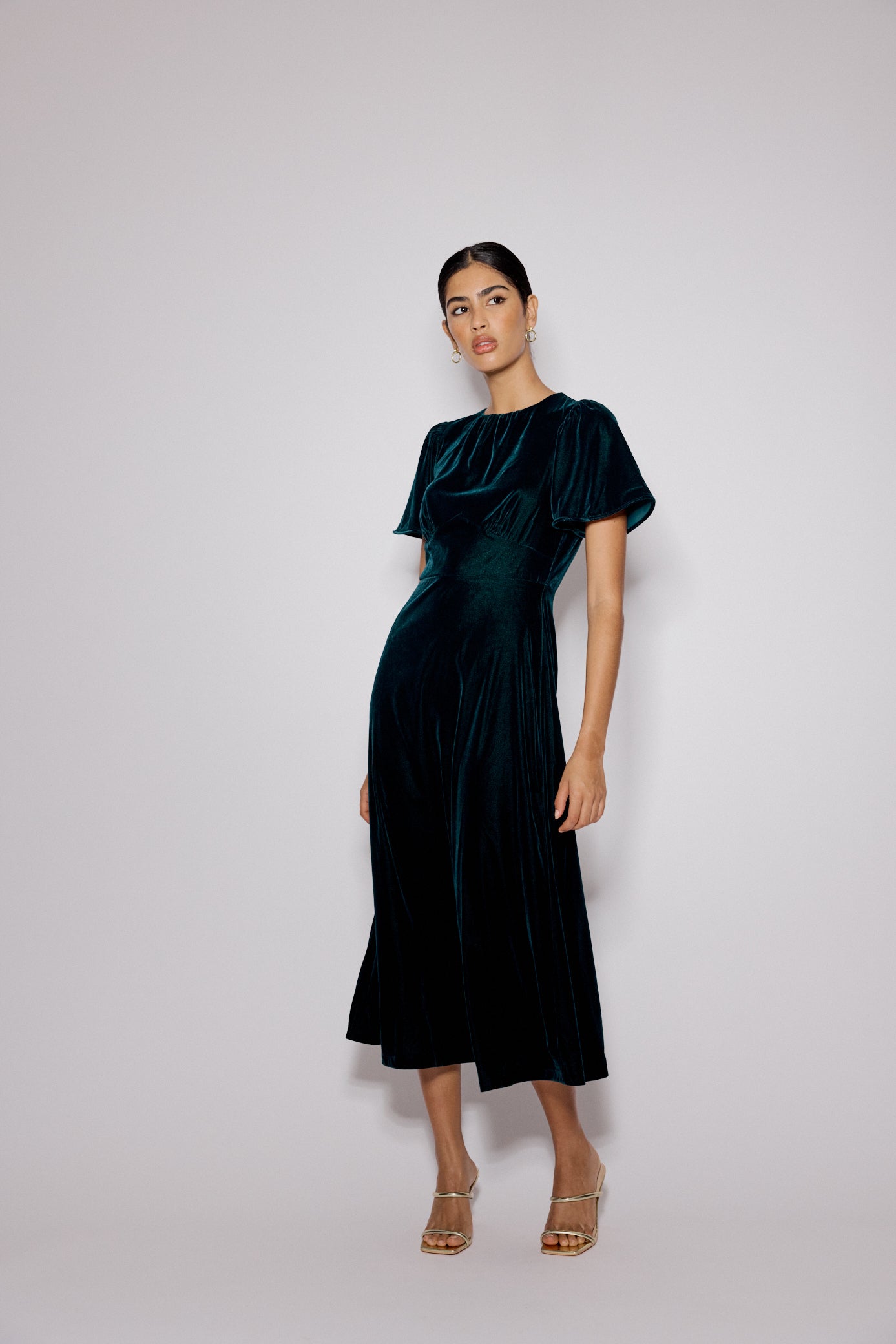 Dark Green Velvet A-Line Allegra Midi Dress