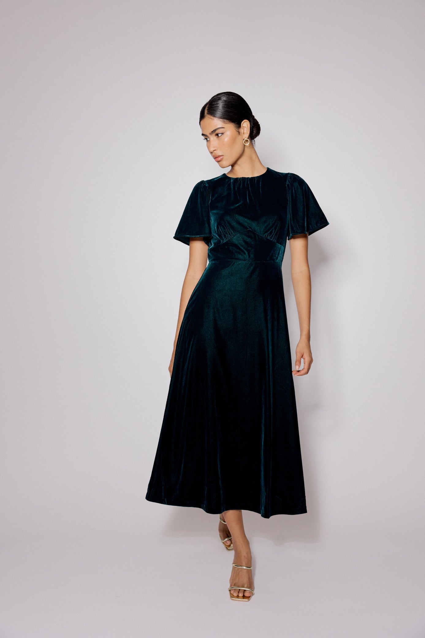 Dark Green Velvet A-Line Allegra Midi Dress