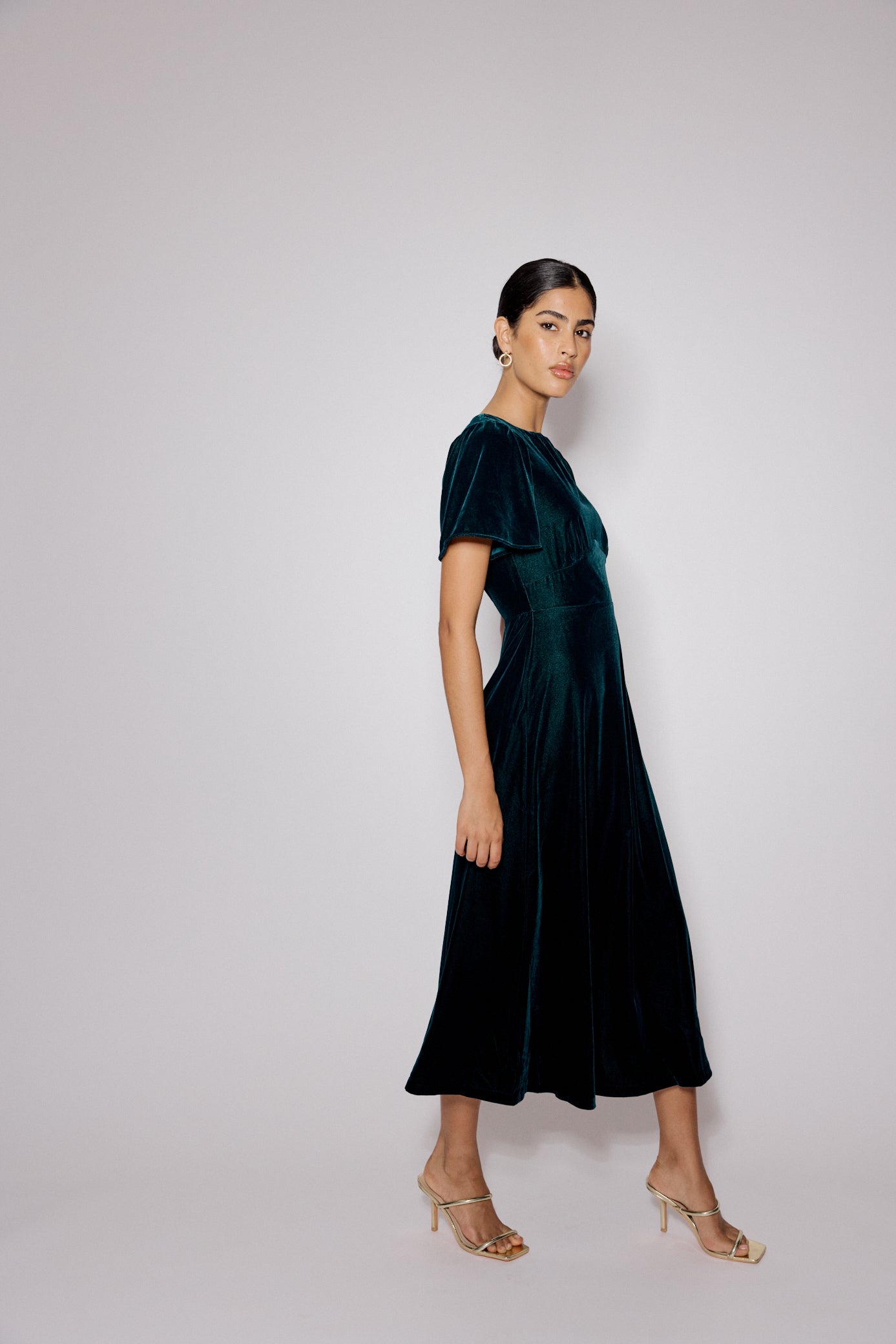 Dark Green Velvet A-Line Allegra Midi Dress