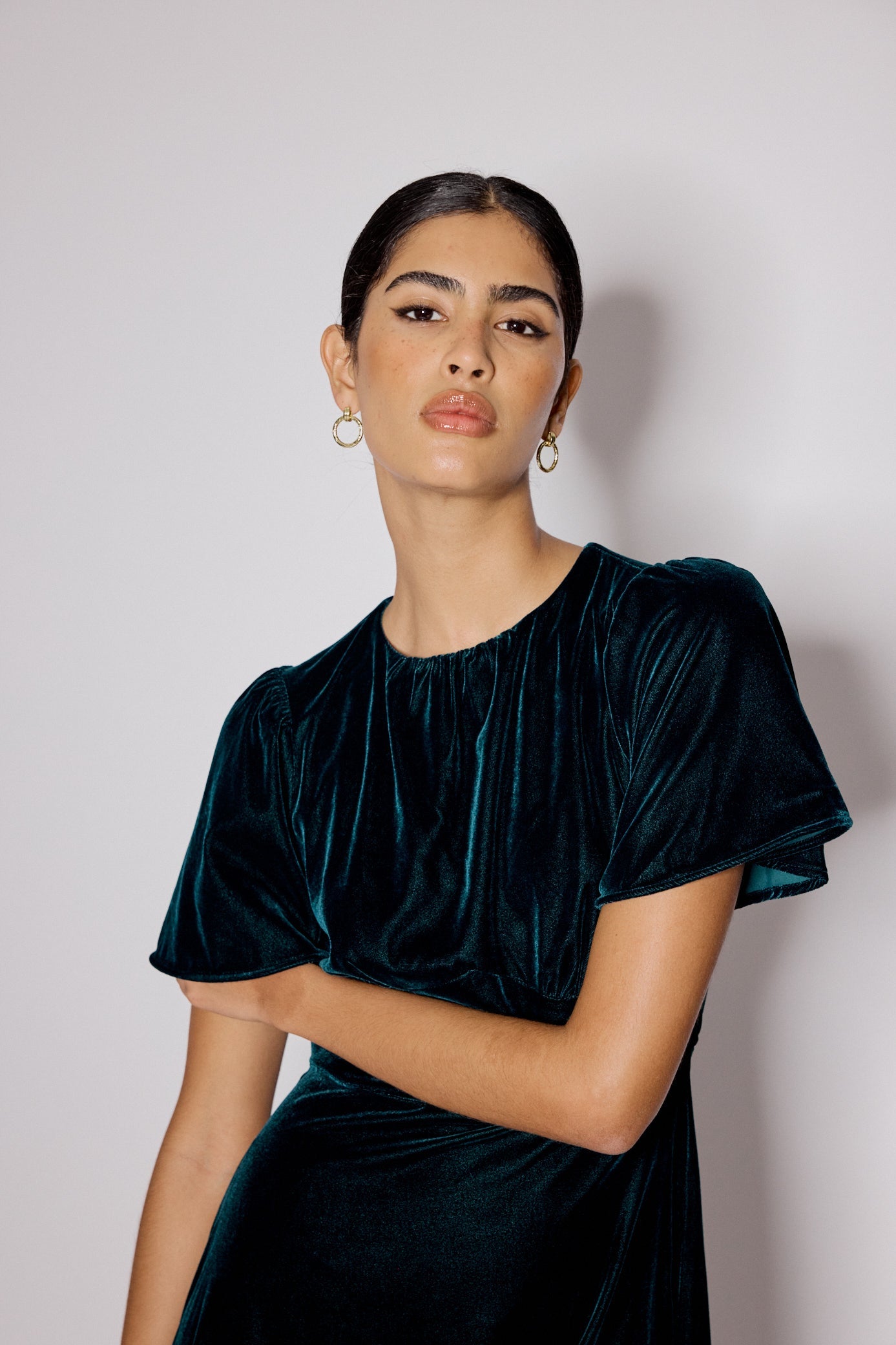 Dark Green Velvet A-Line Allegra Midi Dress