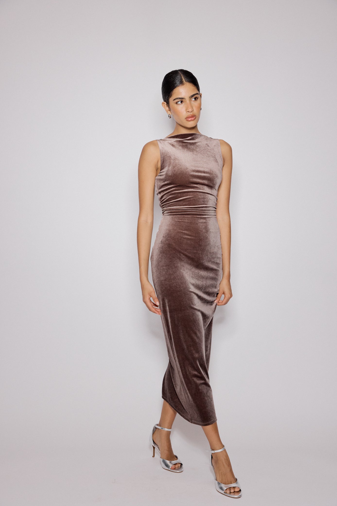Brown Velvet Margot Midi Dress