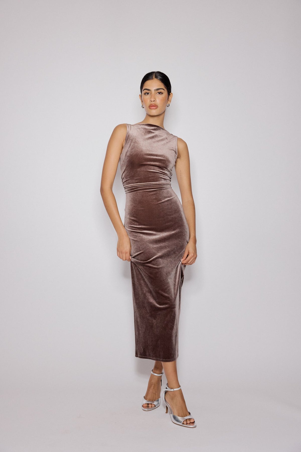 Brown Velvet Margot Midi Dress