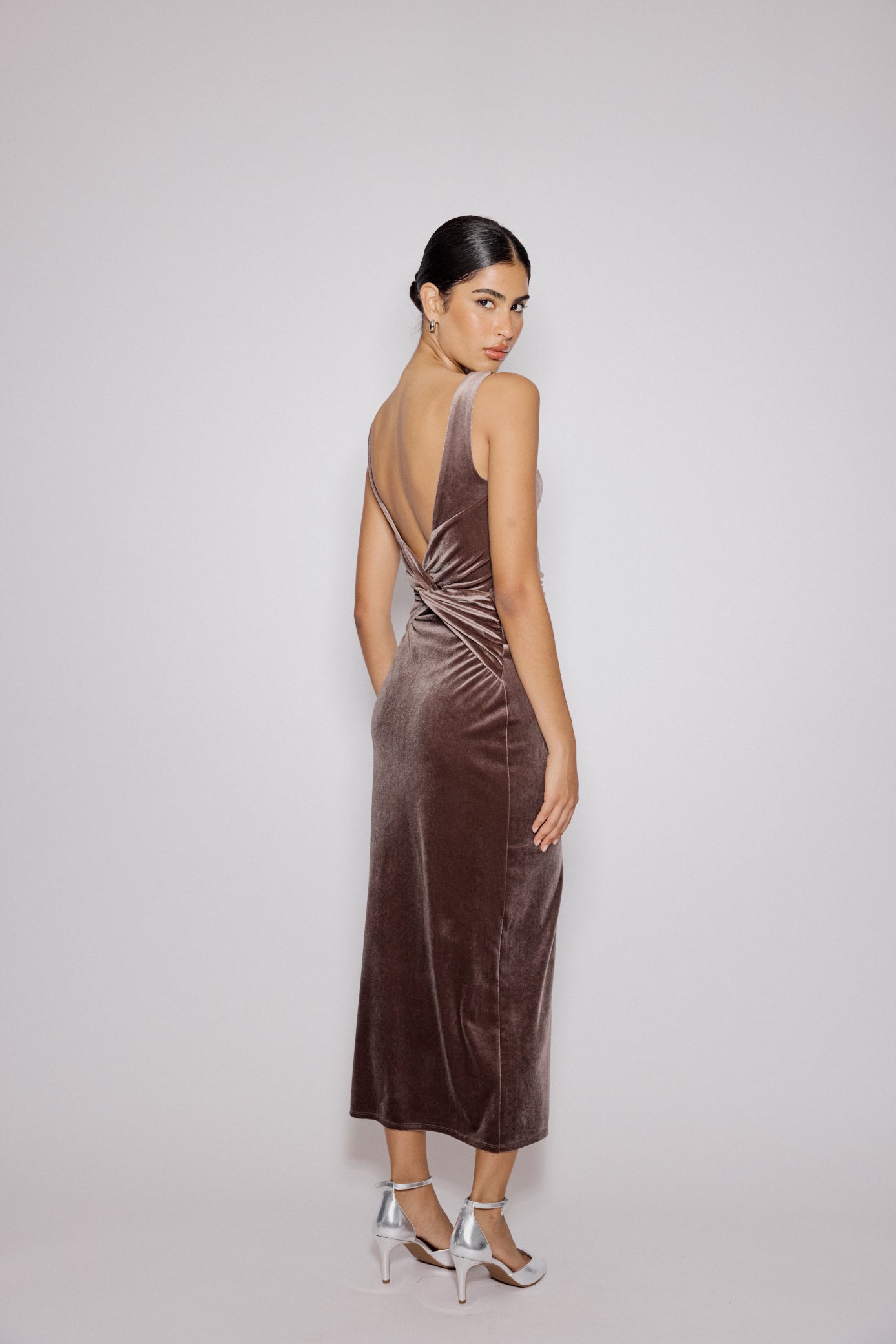 Brown Velvet Margot Midi Dress