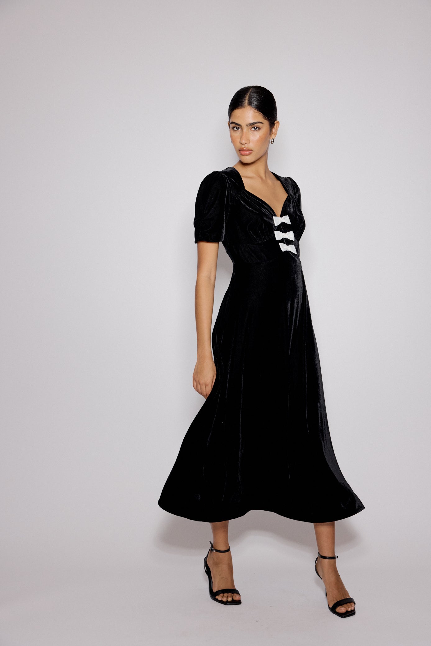 Black Bow Front Velvet Eleanor Midi Dress