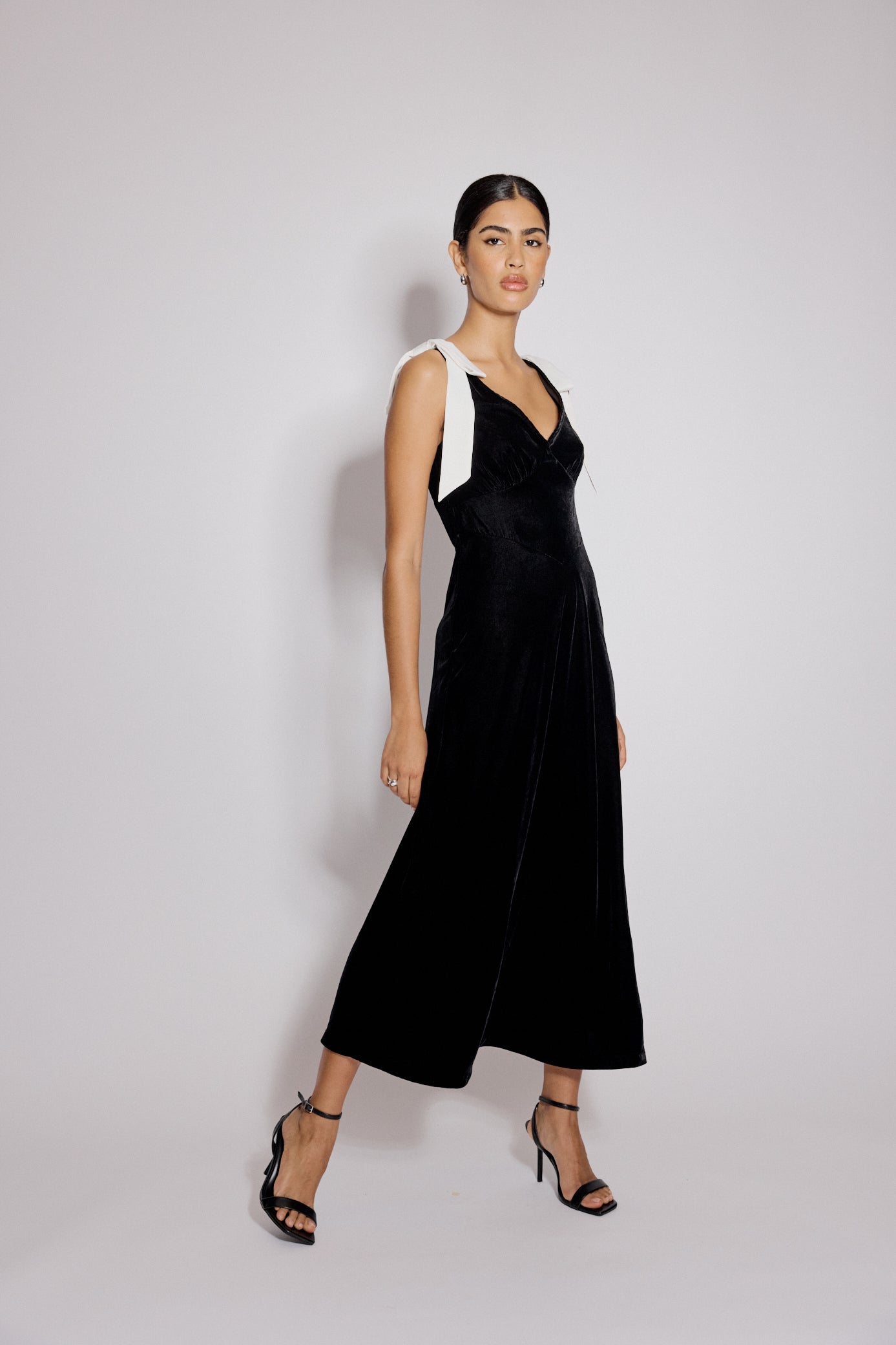 Black Velvet Bow Shoulder Lenka Midi Dress