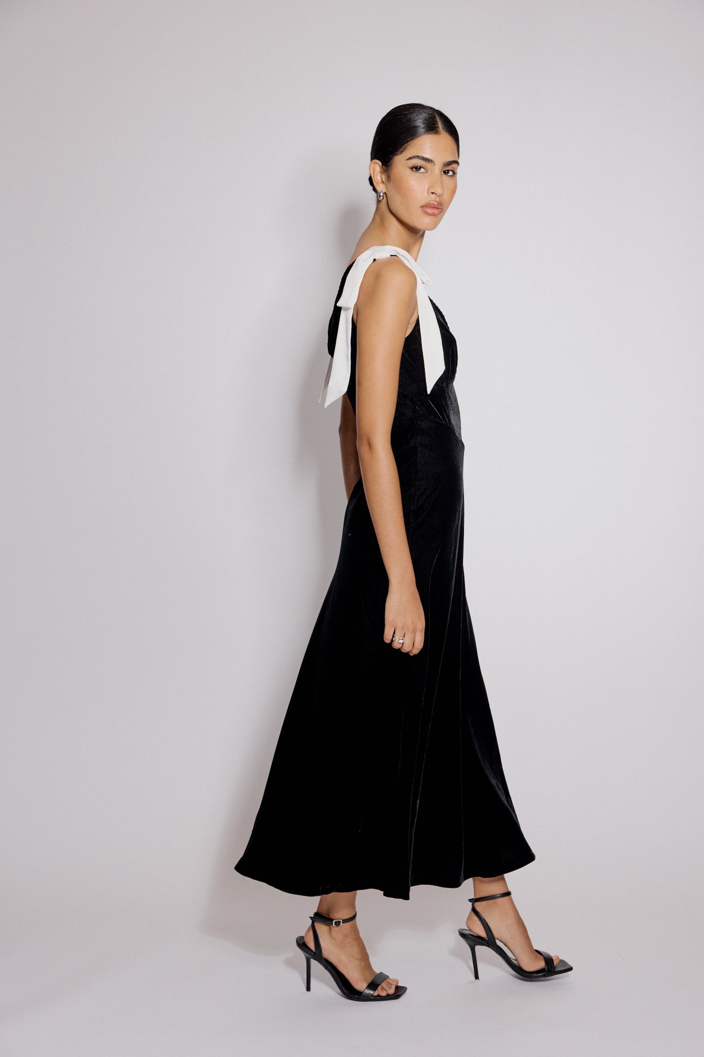 Black Velvet Bow Shoulder Lenka Midi Dress