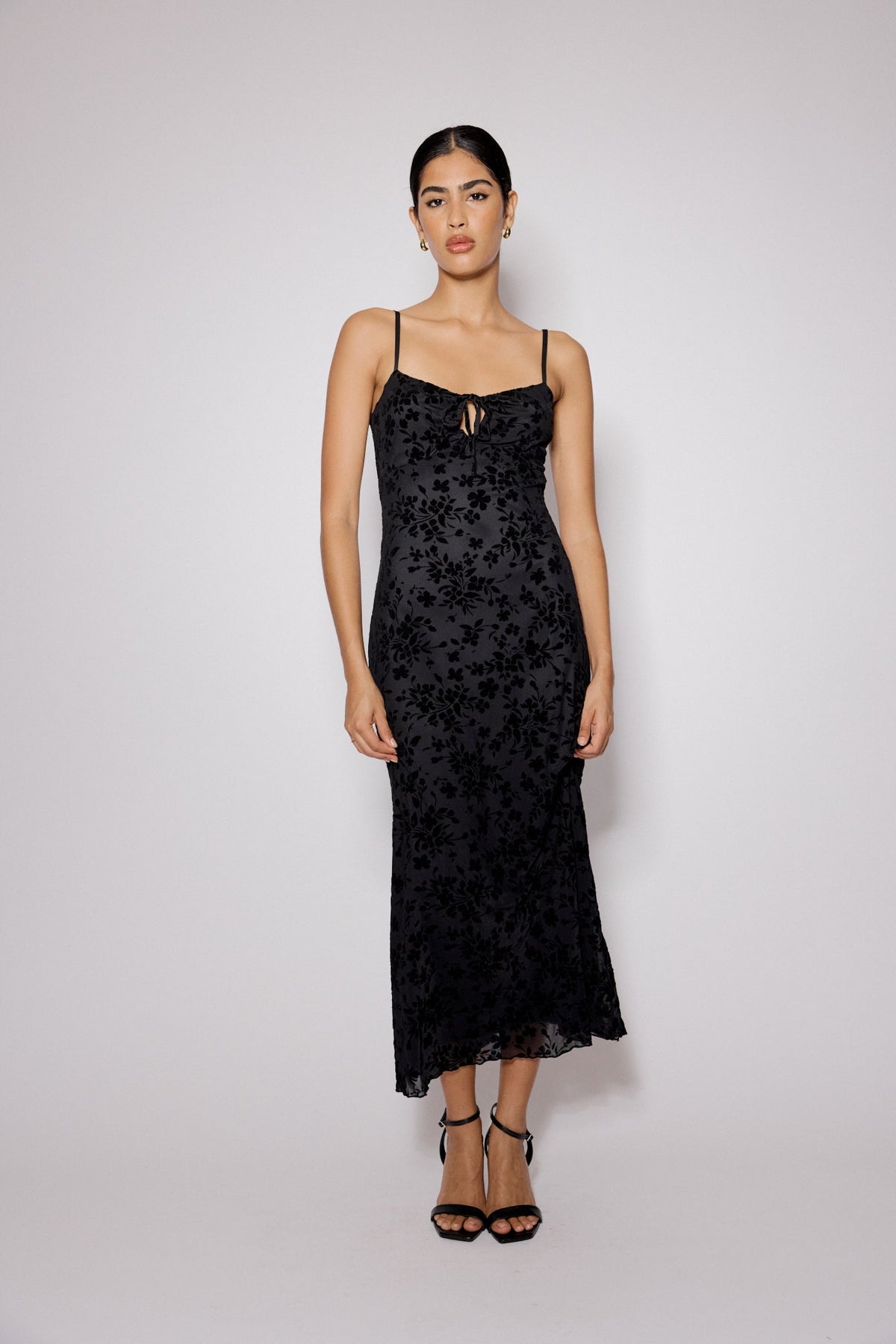 Black Floral Jacquard Velvet Analie Midi Dress