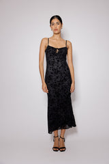 Black Floral Jacquard Velvet Analie Midi Dress