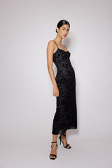 Black Floral Jacquard Velvet Analie Midi Dress