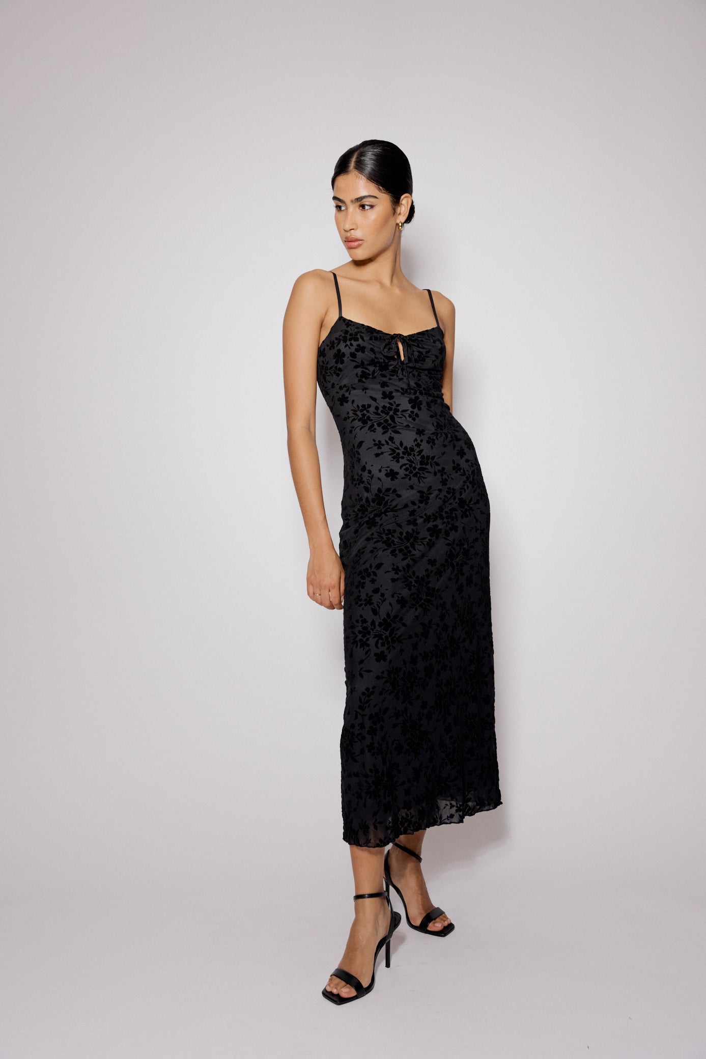 Black Floral Jacquard Velvet Analie Midi Dress