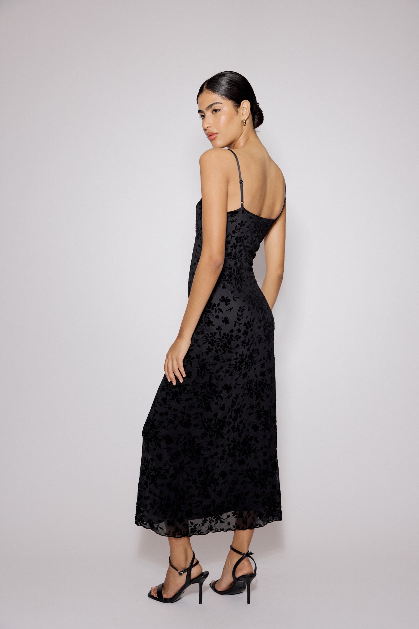 Black Floral Jacquard Velvet Analie Midi Dress