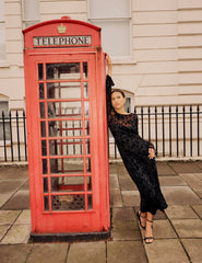 Black Floral Jaquard Velvet Long Sleeve Clarissa Midi Dress