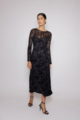 Black Floral Jaquard Velvet Long Sleeve Clarissa Midi Dress