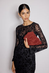 Black Floral Jaquard Velvet Long Sleeve Clarissa Midi Dress