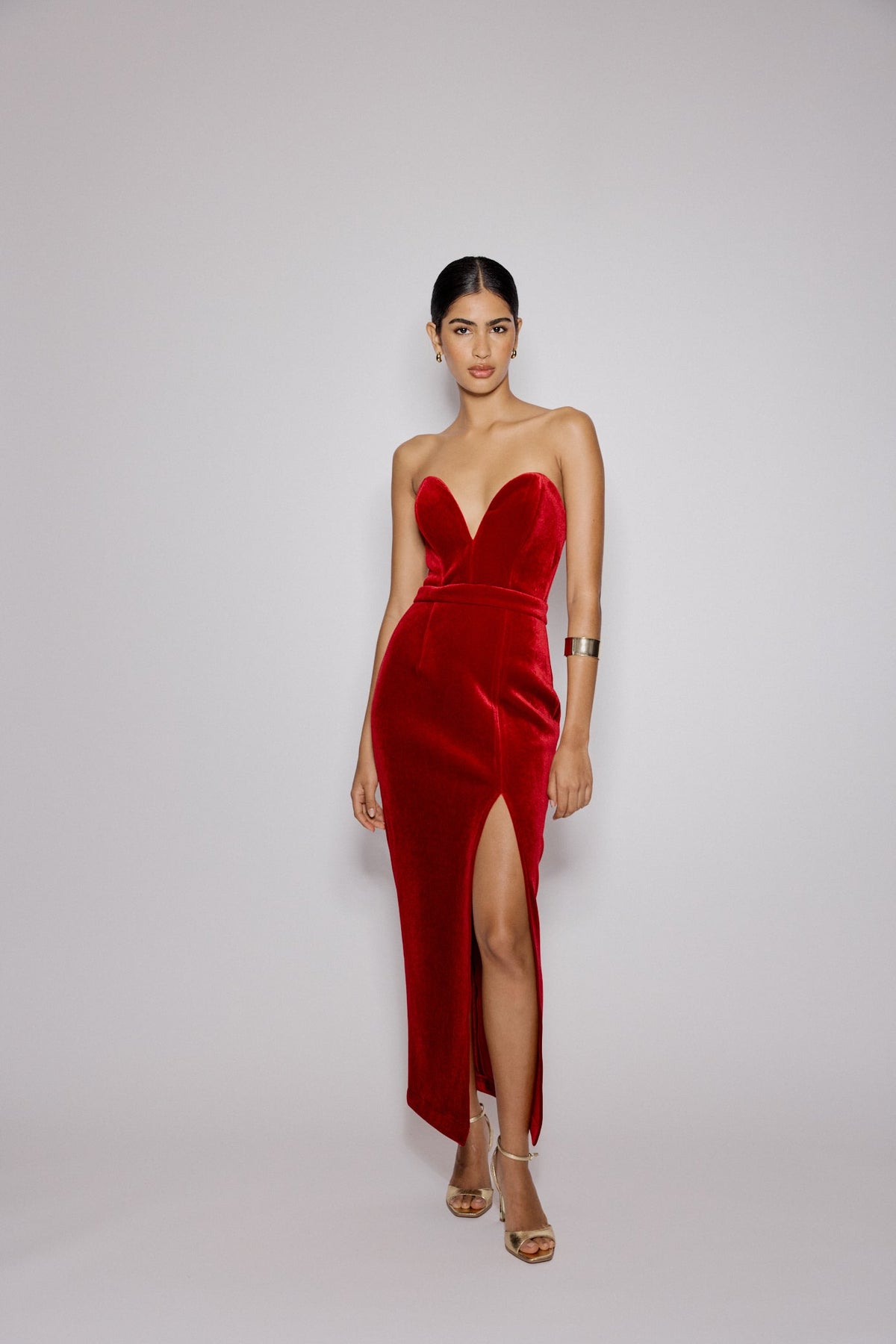 Red Sweetheart Bandeau Velvet Nola Midi Dress