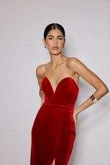 Red Sweetheart Bandeau Velvet Nola Midi Dress