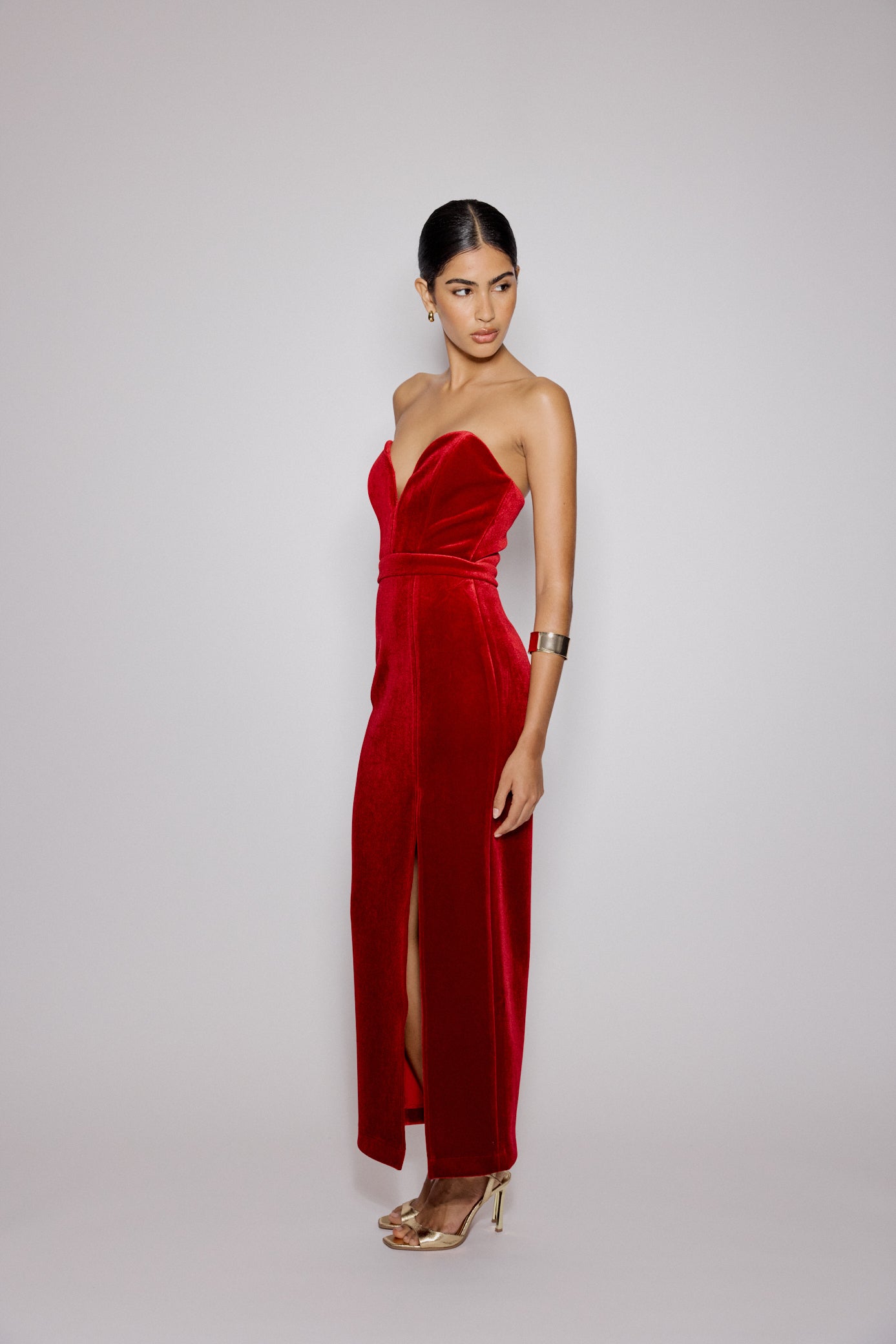 Red Sweetheart Bandeau Velvet Nola Midi Dress