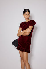Burgundy Velvet Frill Hem Cosmo Mini Dress