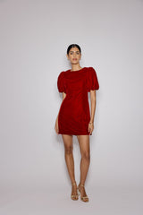 Red Velvet Puff Sleeve Boston Mini Shift Dress