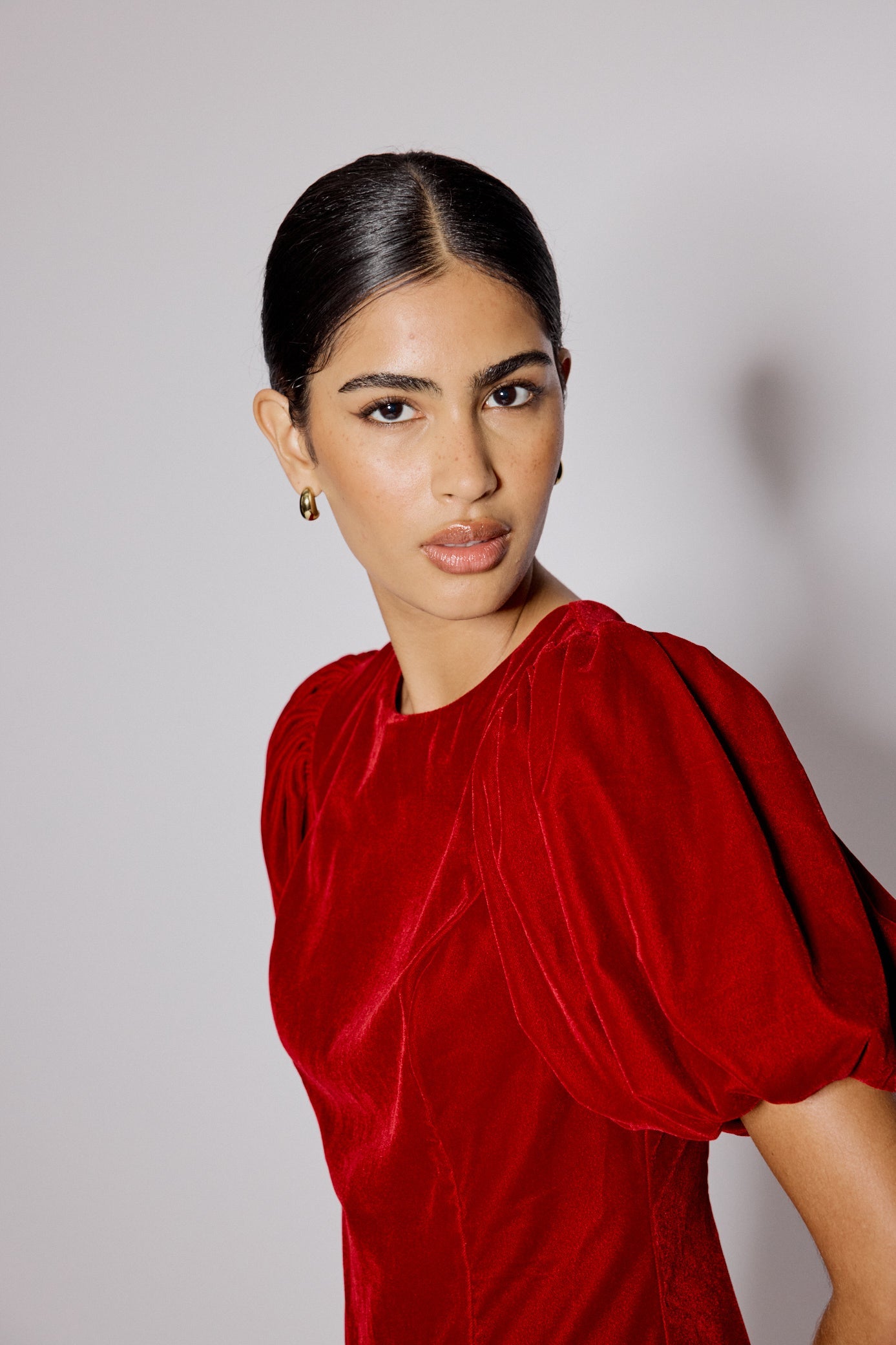 Red Velvet Puff Sleeve Boston Mini Shift Dress