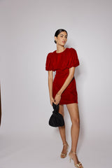 Red Velvet Puff Sleeve Boston Mini Shift Dress
