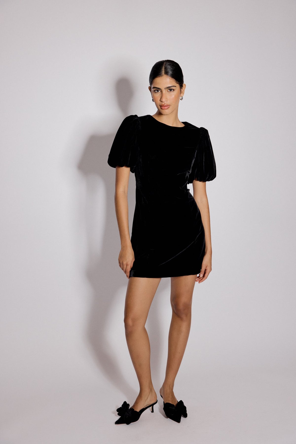 Black Velvet Puff Sleeve Boston Mini Shift Dress