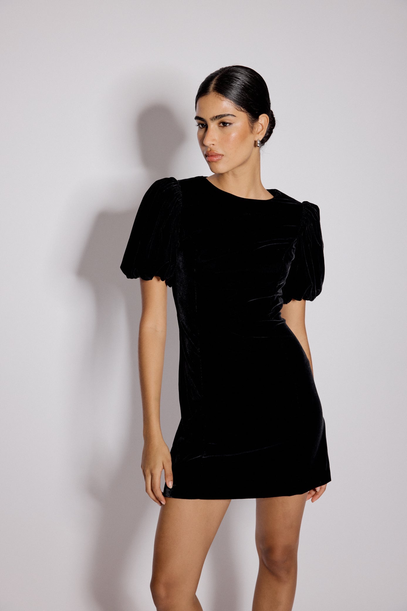 Black Velvet Puff Sleeve Boston Mini Shift Dress
