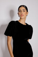 Black Velvet Puff Sleeve Boston Mini Shift Dress