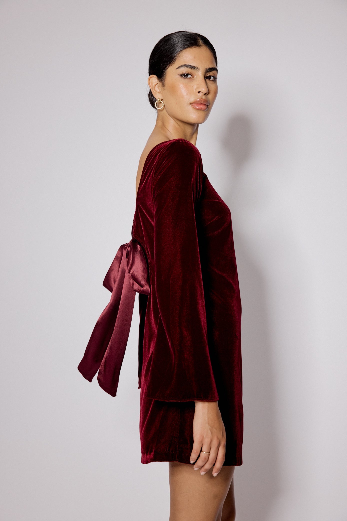 Burgundy Satin Bow Back Joelle Mini Dress