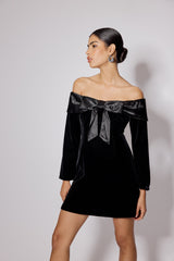 Black Velvet Off Shoulder Bow Capricorn Mini Dress