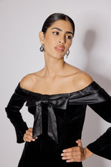 Black Velvet Off Shoulder Bow Capricorn Mini Dress